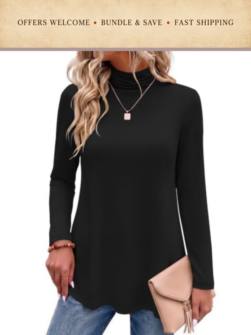 Long Sleeve Turtleneck Tunic Top Women's Work Casual Layering